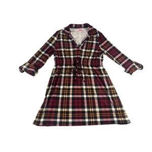 Feathers Maternity Plaid Dress Burgundy Yellow Small Long Roll Tab Sleeve V-Neck